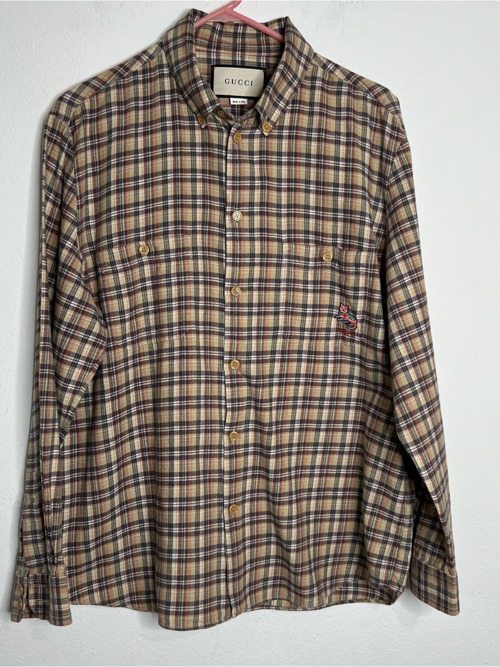 GUCCI PLAID FLANNEL EMBROIDERED CAT BUTTON DOWN SHIRT Size 54